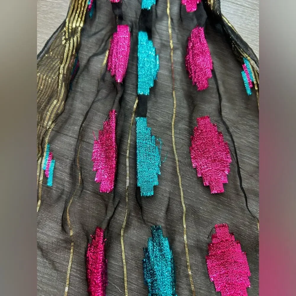 American Vtg Neck Scarf- Metallic- semi sheer bright pink blue- some wear 60x11